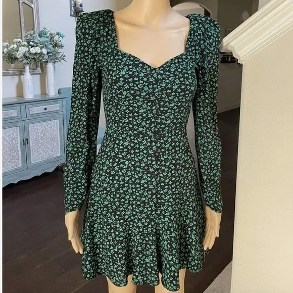 Zara Floral Print Sweetheart Neckline Long Sleeves Mini Dress Black Green Size S - Picture 5 of 6